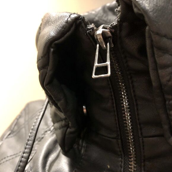 Katherine Barclay Faux Leather Coat Small Black Puffer Stretch Funnel Neck - Picture 8 of 14